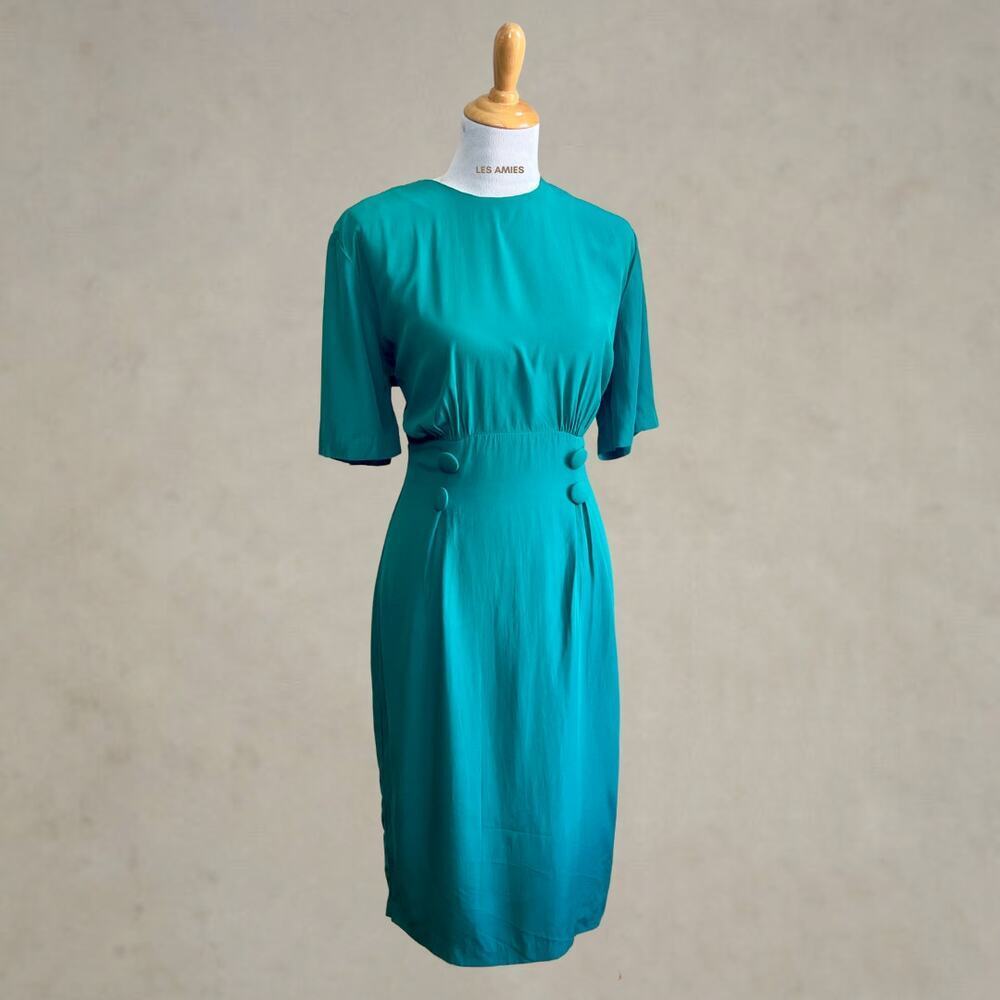 Vintage 80s Hearts Made in USA Short Sleeves Green Pencil Old Money Dress 6